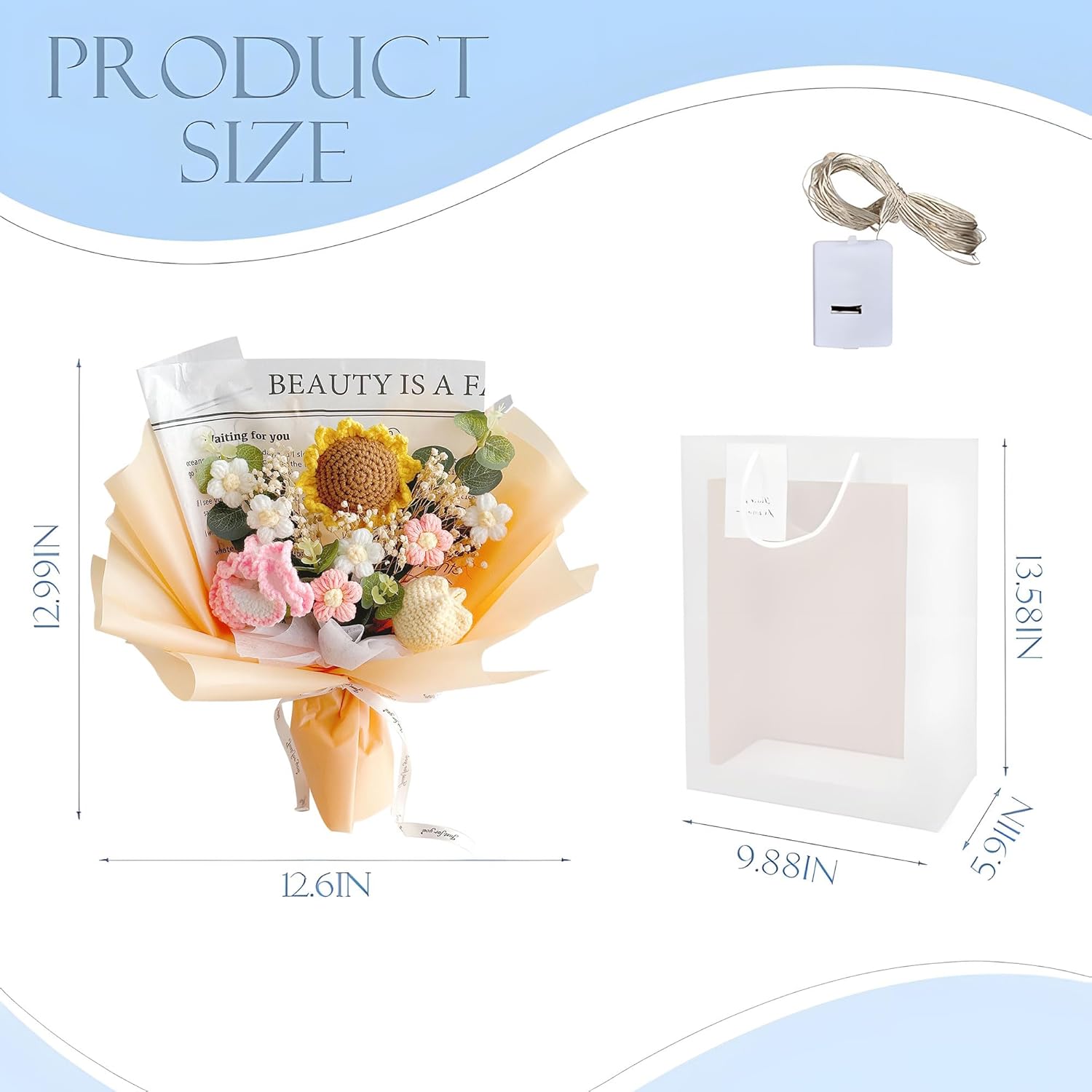 Completed Crochet Flowers Handmade Knitted Bouquet [ Sunflower Carnation Tulip Puff flower Fairy Light Gift Card Bag Kit ] for Mother Valentine Birthday Wedding Home Decor (White)