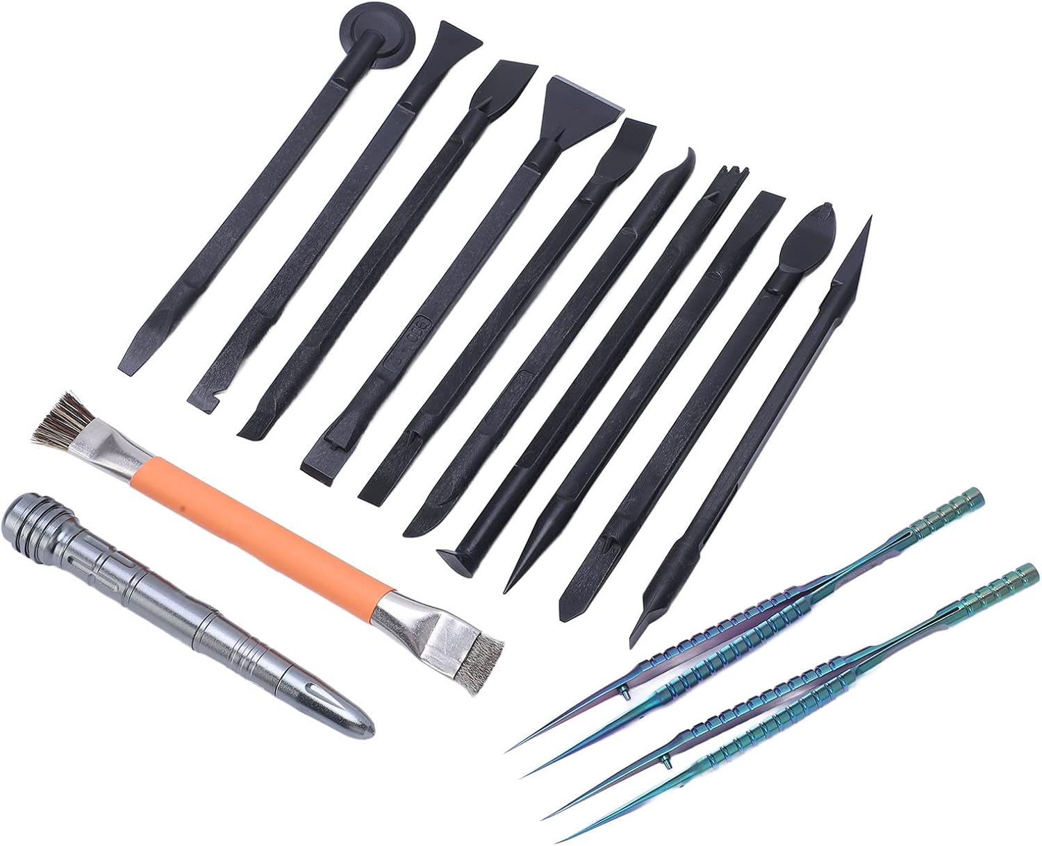14 Piece Electronics Maintenance Tool Set with 10 Spudgers Screen Breaker Brush Straight and Bend Tweezers Compatible with iOS OS X Laptop and Mobile Phone PCB Solder Repair