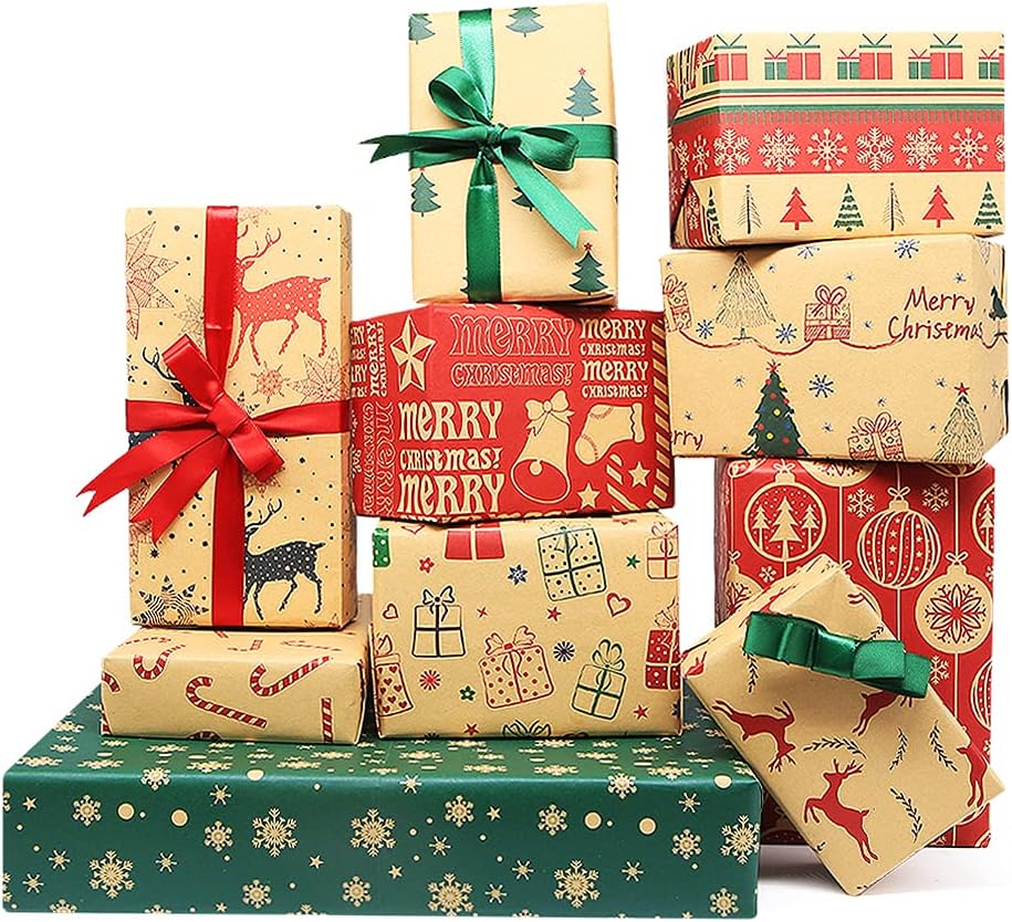 Christmas Kraft Wrapping Paper，20 Sheets Xmas Folded Wrapping Paper 20x28 inch Recyclable Christmas Gift Wrapping Paper With Ribbons Greeting Card for Christmas Party Present Flower Packaging DIY Craft