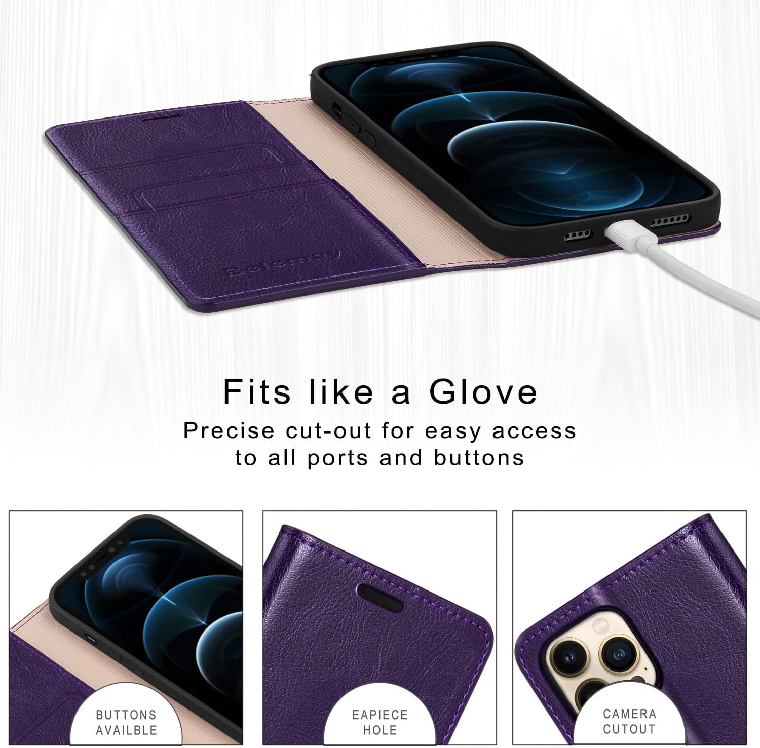 Belemay Compatible with iPhone 14 Pro Max Case Wallet-Genuine Leather Flip Case-RFID Blocking Card Holder-Shockproof TPU Shell Folio Cover Women Men Compatible with iPhone 14 Pro Max (6.7-inch) Purple