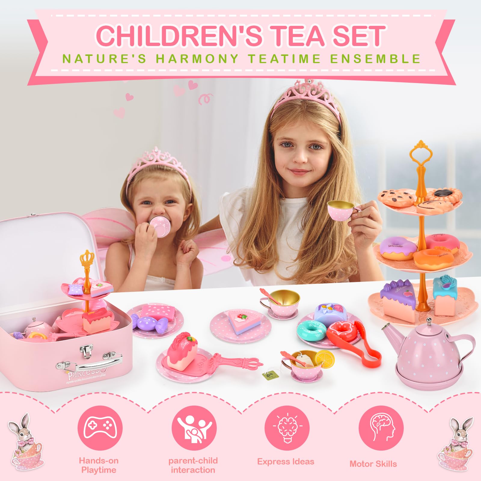 Juego De Té Infantil 46 Piezas – Maletín De Transporte, Tetera, Tazas Y Postres De Juguete, Ideal Para Niñas De 3 A 8 Años, Juegos De Rol Y Simulación De Fiestas