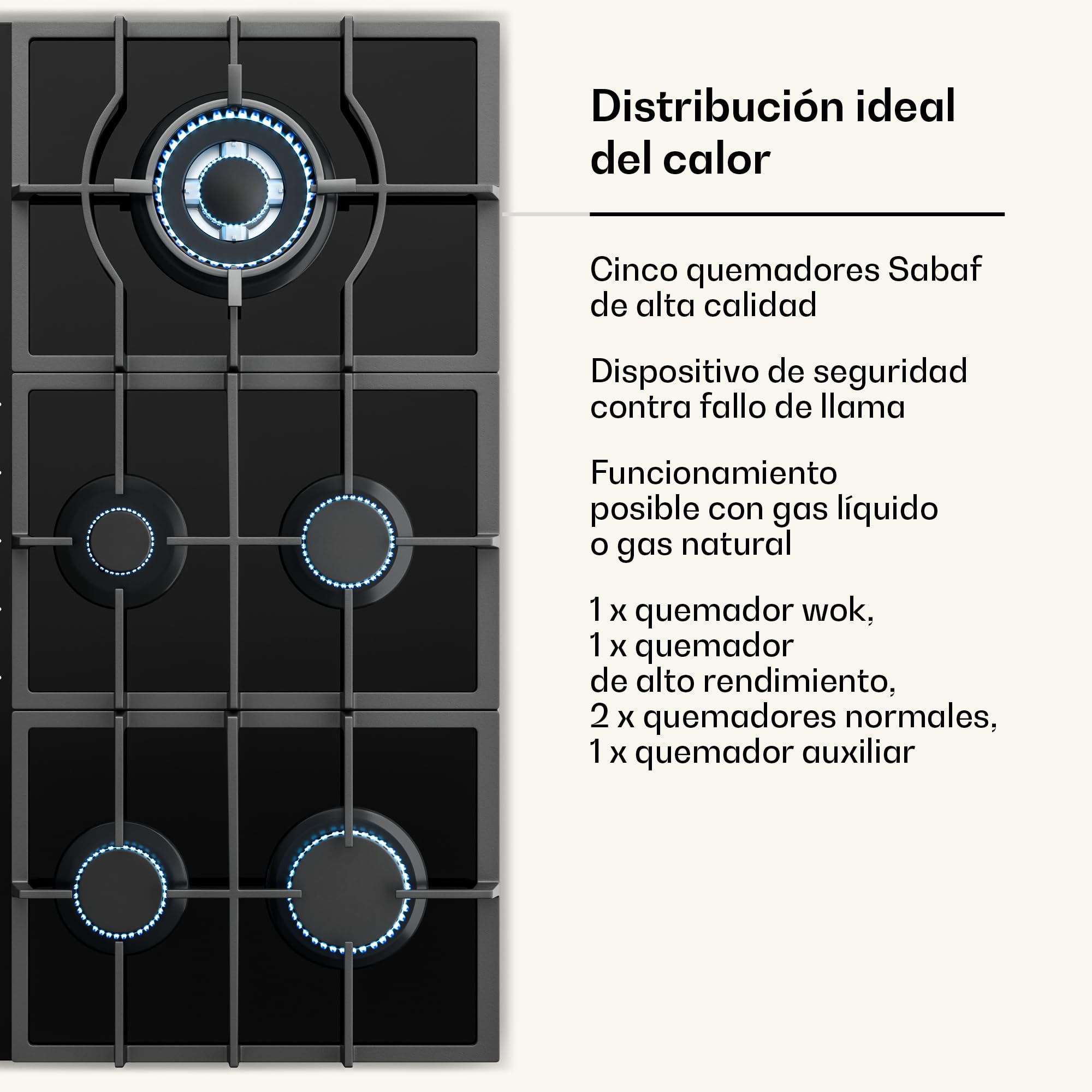 Klarstein Cocina Gas Butano 5 Quemadores 11100W, Fogones Gas Butano y Grill de Acero Inoxidable para Propano,Placa de con Termostato, Encimera para Cocinar en Exterior