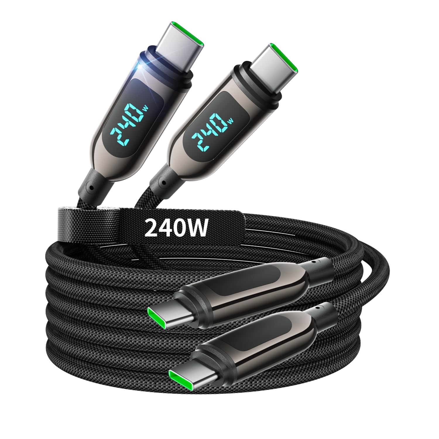 240W USB C to USB C Cable [10ft/2Pack],Nylon Braided Type C Fast Charging Cable with LED Display for iPhone 16/16 Pro Max/15/15 Pro Max, Samsung S25/S24 Ultra, MacBook, iPad, Laptop,Black