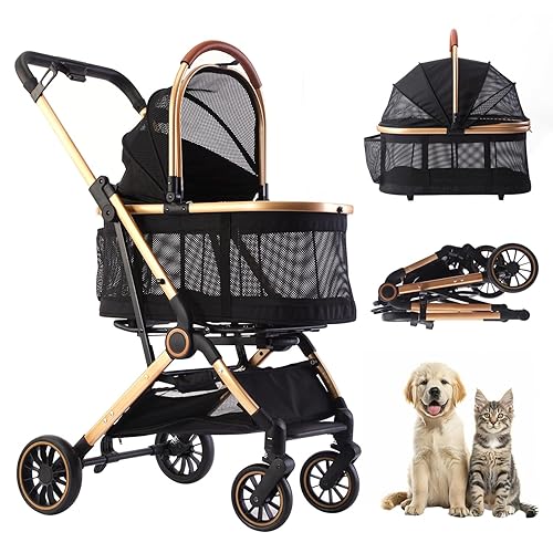 Cochecito para mascotas 3 en 1, cochecito de mascotas plegable de un solo toque con 4 ruedas, transportador de viaje plegable para mascotas SM
