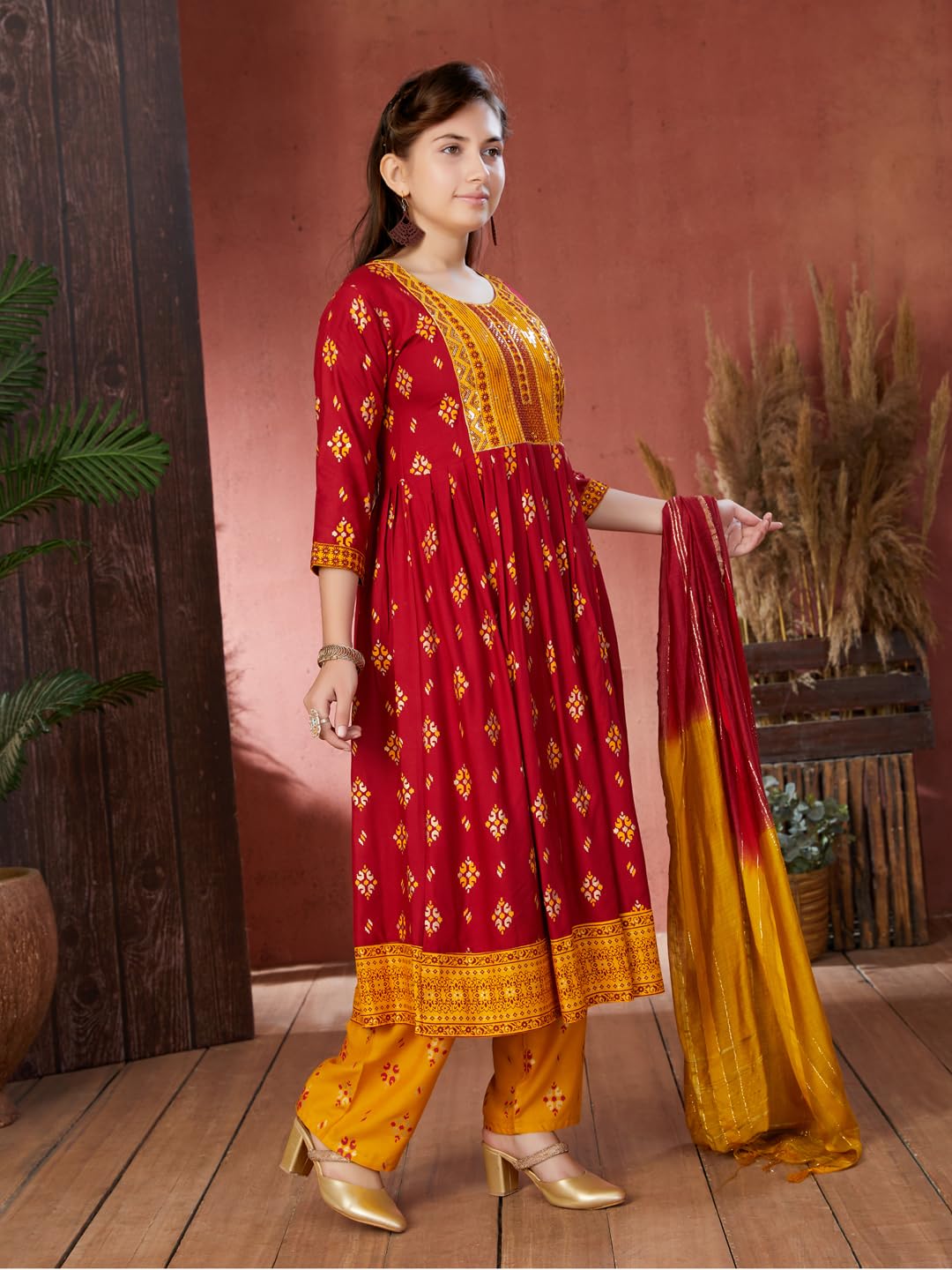 Aarika Girls Ethnic Wear Maroon Colour Foil Print Sequin Rayon Kurti (9-16 Years)