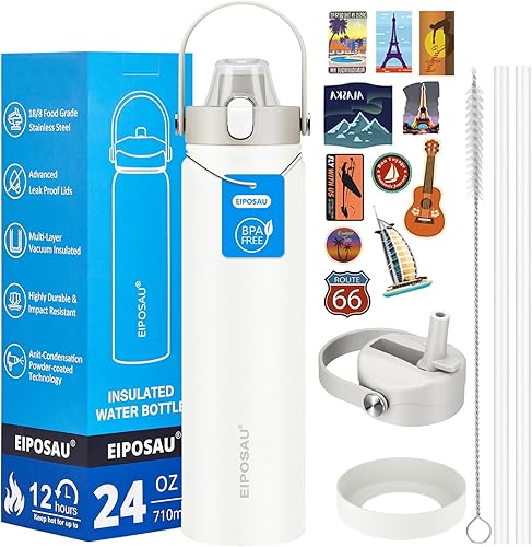Miniatura 29 de Botella de agua aislada con tapa, bota y calcomanías, botella de acero inoxidable de 24 onzas, sin sudor, mantiene el frío las 24 horas, botella