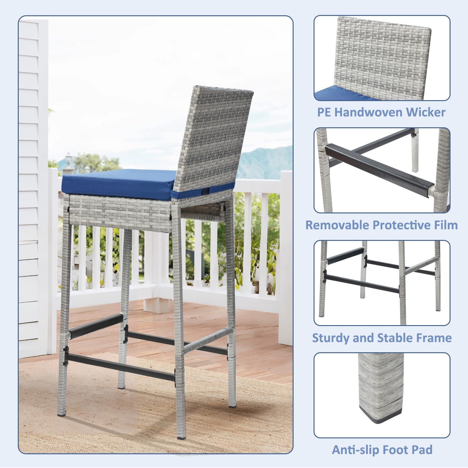 ECOTOUGE Rattan Bar Stools Set of 4, Wicker Woven Patio Stools & Patio Bar Chairs with Seat Cushion and Cozy Footrest, Outdoor Furniture Armless Counter Height for Pool Lawn Porch Backyard(Grey/Blue)