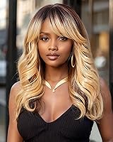 Vista 7 de Allbell Peluca de Ondas Corporales con Flequillo de Longitud Media con Mechas Pelucas Negras para Mujeres Sintéticas Negras Mezcladas con Marrón