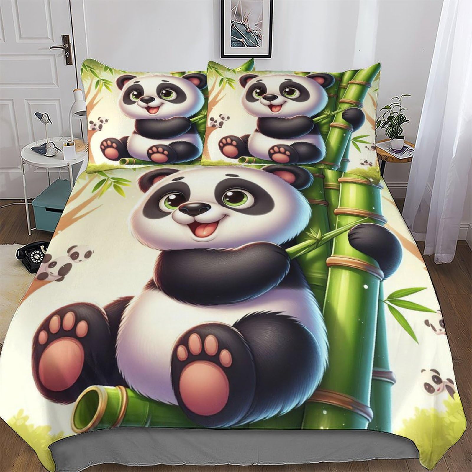 Parure de lit panda 3 pièces de qualité supérieure avec housse de couette zippée microfibre