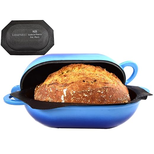 LoafNest: Incredibly Easy Artisan Bread Kit. Cast Iron Dutch Oven [Blue Gradient] and Perforated Non-Stick Silicone Liner.