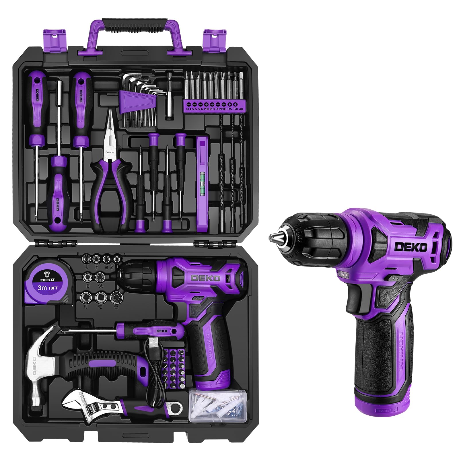 Tool Kit: DEKO Drill Set including Cordless Drill, Tool Kit Set Box, DIY Hand Tools for Men Woman and Home
