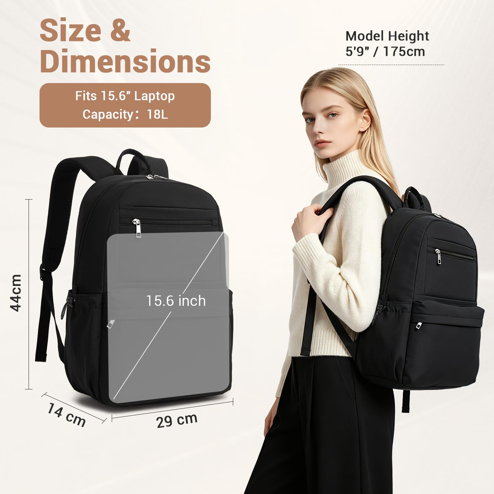 Kono Sac à Dos Scolaire 15,6 Pouces pour Ordinateur Portable, Grande Capacité, Multi-Poches, Imperméable et Léger, pour Lycée, Université, Étudiant, Femme et Homme (Noir)