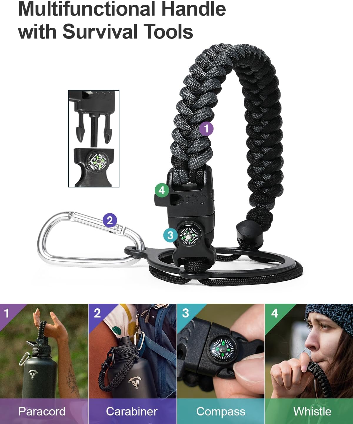 64 oz Insulated Water Bottle,Half Gallon Water Flask Stainless Steel Vacuum, Cold for 48 Hrs,BPA-Free & Leakproof -with Paracord Handle, Strap,Straw Spout Lids,Large Jug for Gym,Grey - Image 3