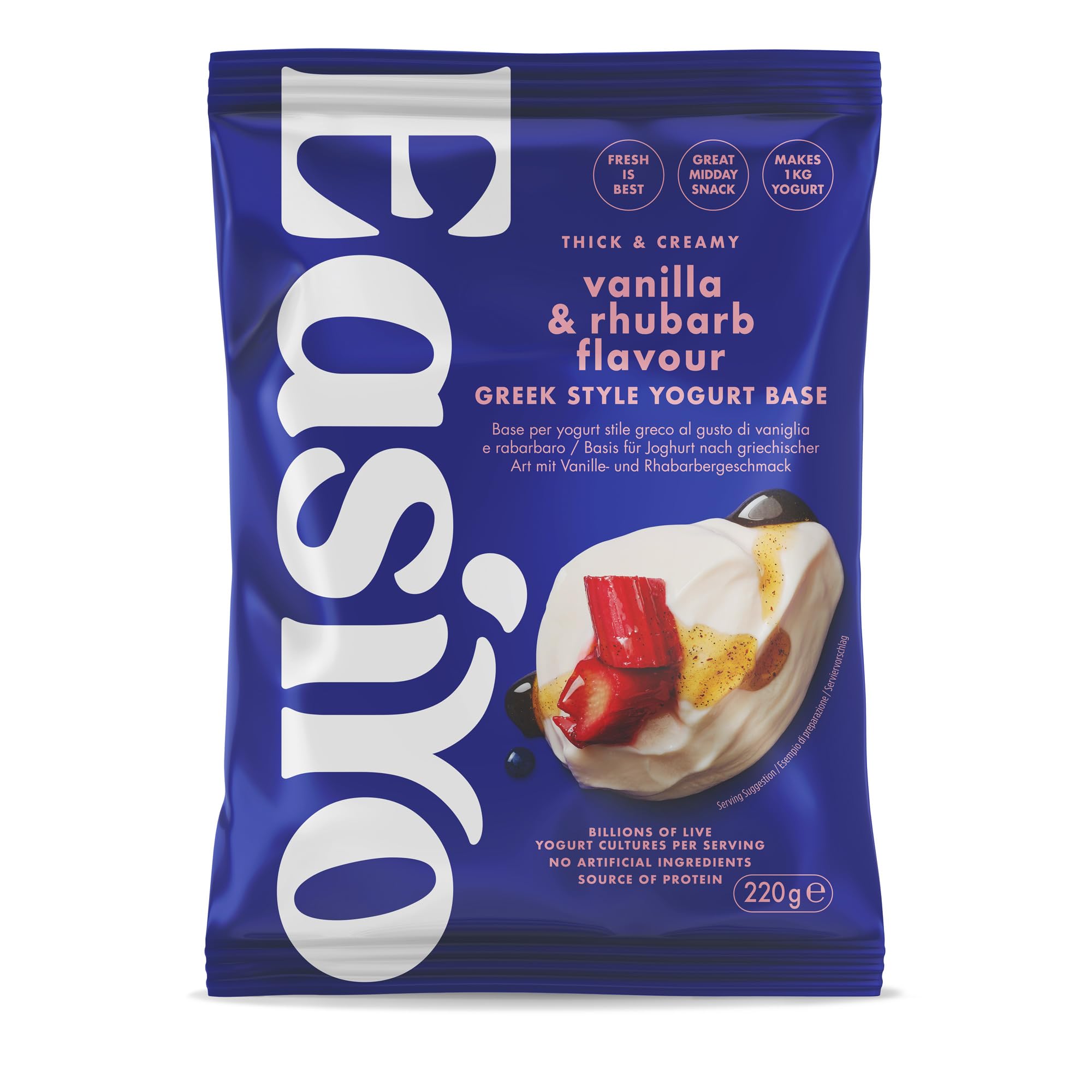 EasiYo Griechischer Art Vanille & Rhabarber 8er-Pack | Jeder Beutel ergibt 1kg | Dickflüssig & Samtig | Hausgemachter Joghurt | Glutenfrei & Vegetarisch