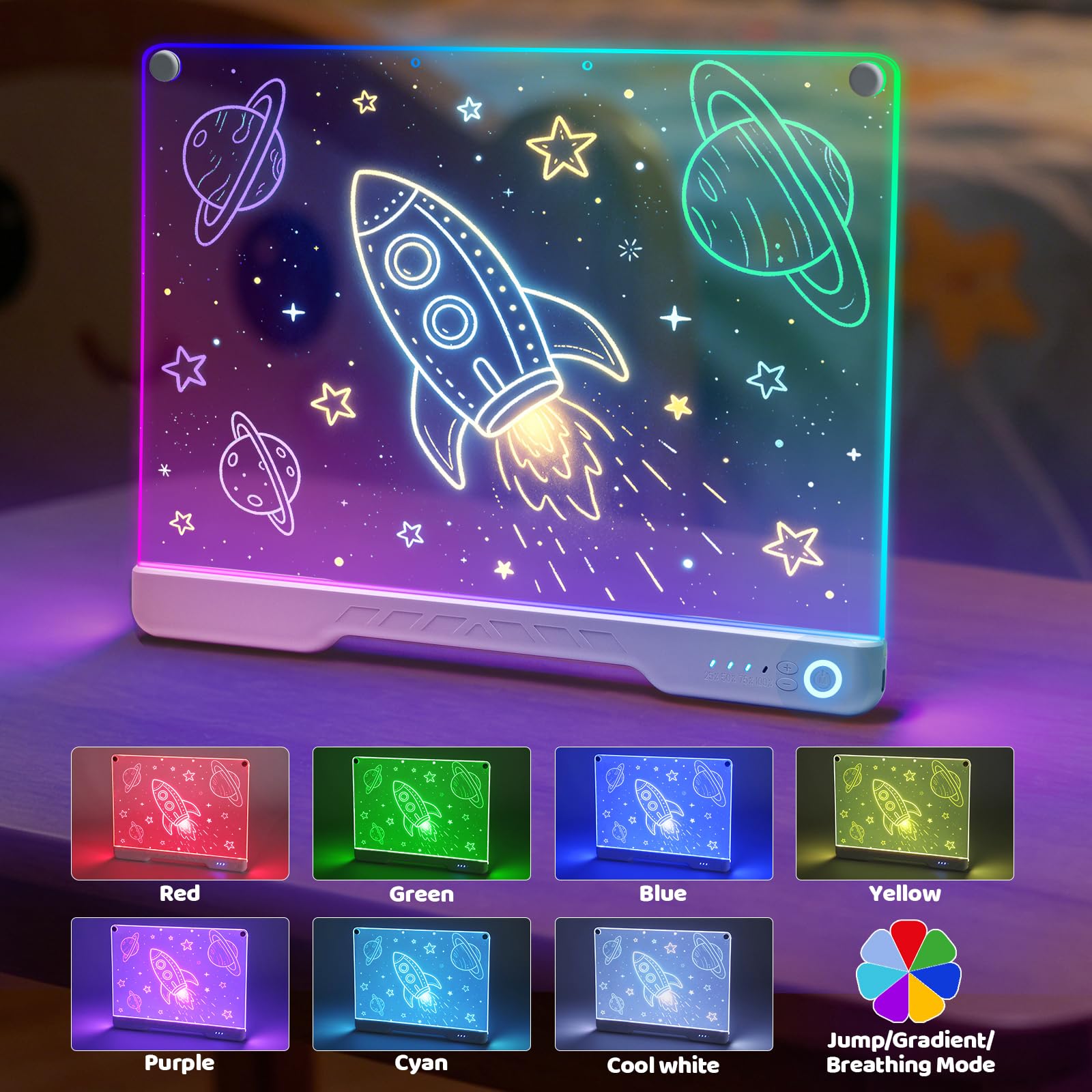 Idealife LED Zeichenbrett Wiederaufladbar für Jungen & Mädchen | 3mm Wiederverwendbare Maltafel mit 7 Lichtfarben & 3 Blinkmodi, 10 Helligkeitsstufen, Kreatives Lernspielzeug als Geschenk