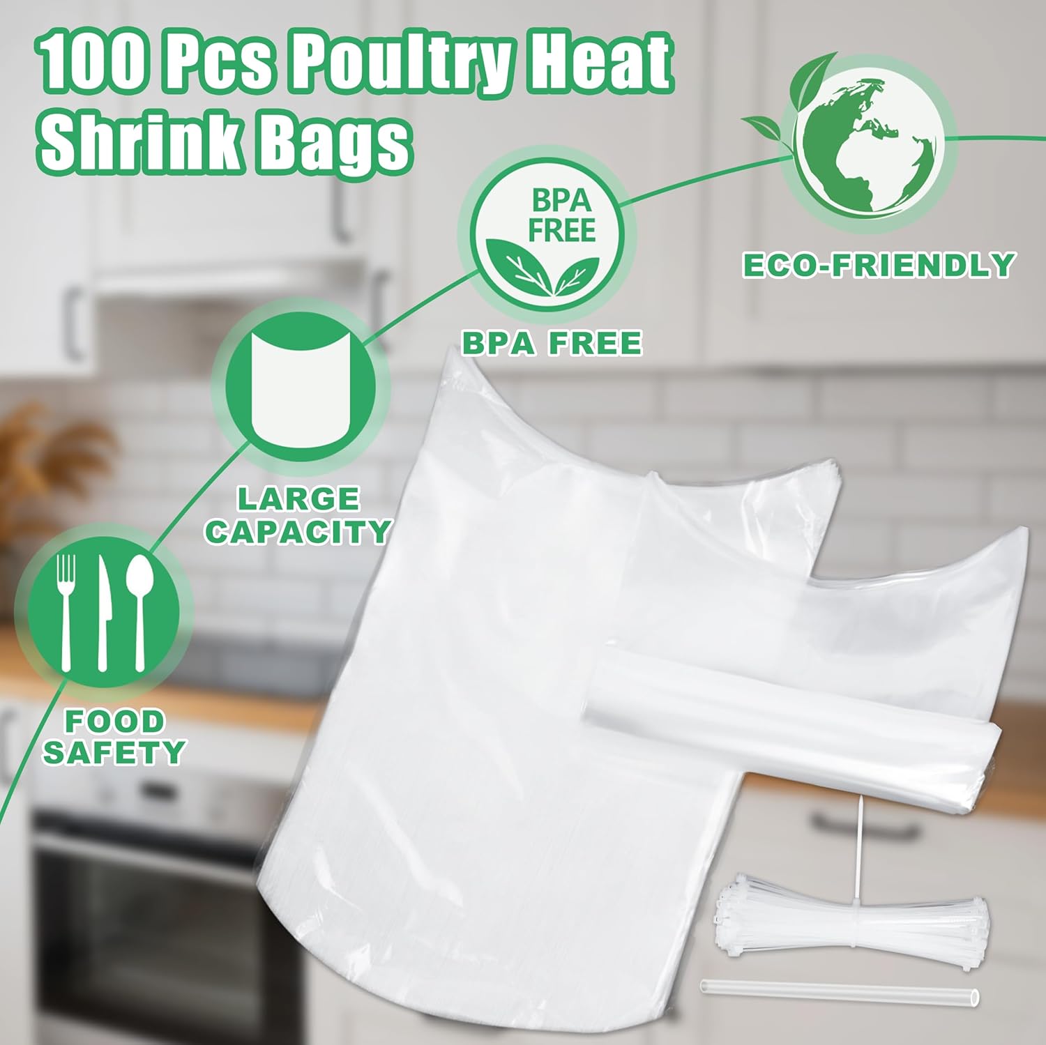 Poultry Shrink Bags 13x18" (100 Pack) – BPA Free Freezer Safe Heat Shrink Bags for Chicken, Turkey, Rabbit – with 100 Zip Ties & Silicone Straw