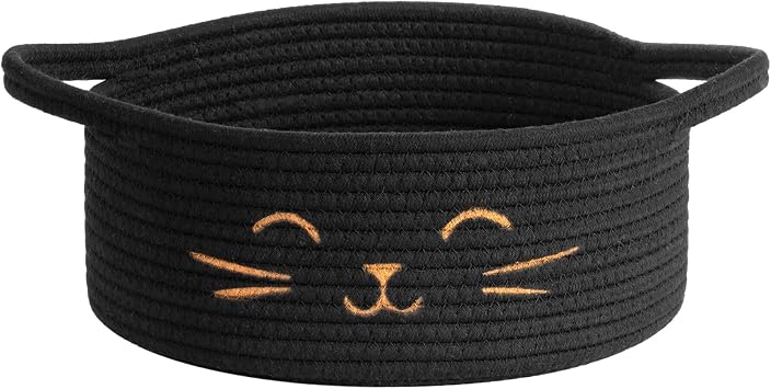 Small Woven Rope Cat Toy Basket with Cat Face Design, Black