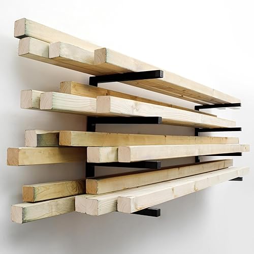 YYR Wood Organizer and Lumber Storage Rack Wall Mount, Heavy Duty Metal Shelf with 4-Level Holds Up 800 LBS, Indoor & Outdoor Use - Black