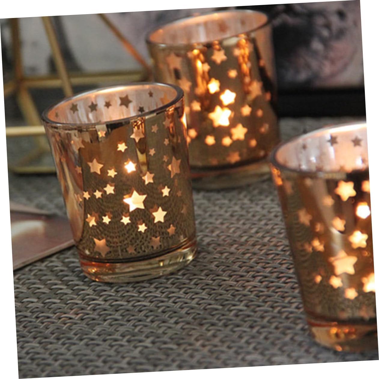 6pcs Candlelight Dinner Glass Candlesticks Gold Star Decor Banquet Candle Holder Set