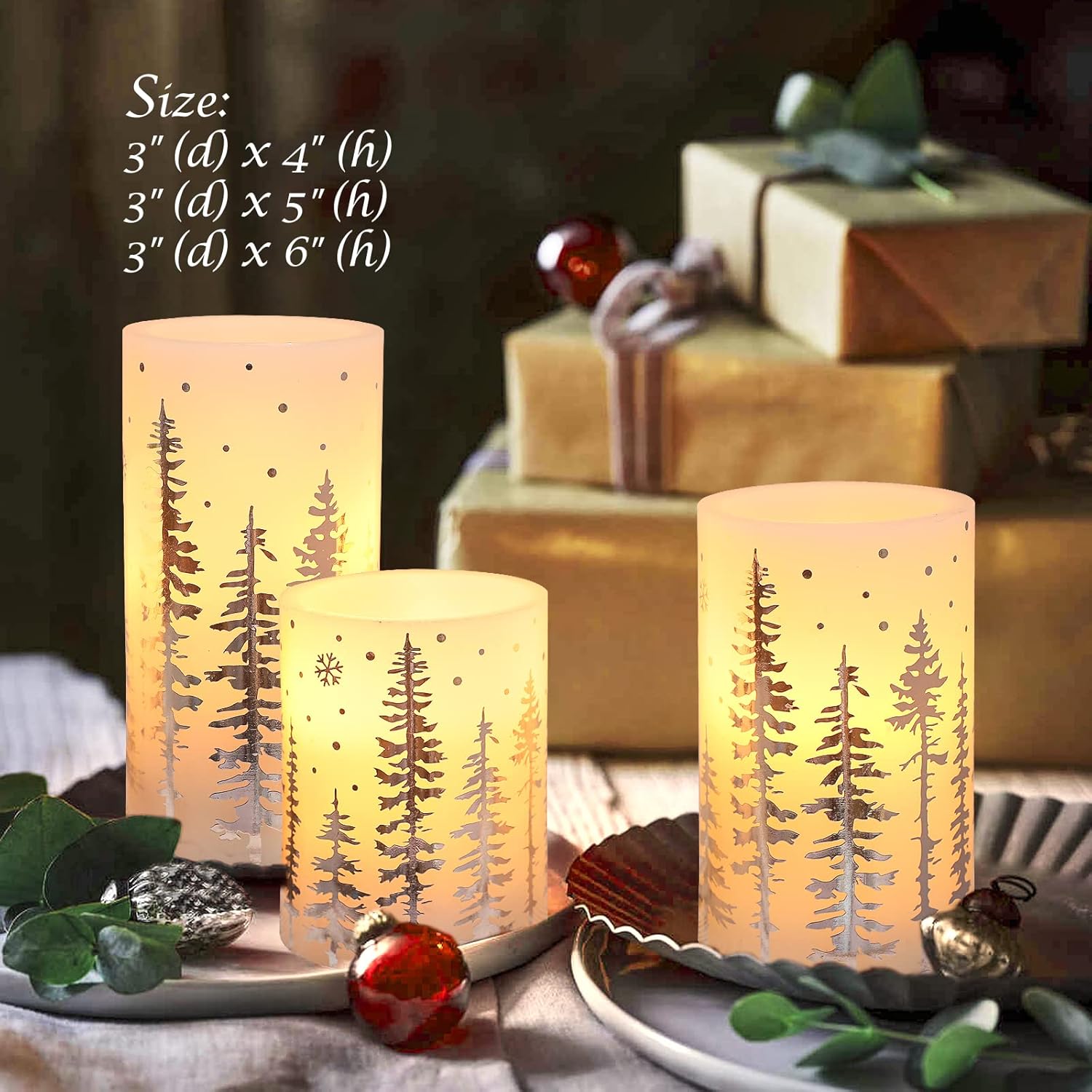 Christmas Tree Flameless Candles with Remote, Holiday Flickering Real Wax LED Pillar Candles, Battery Operated Candles, Xmas Gift Farmhouse Home Decoration - Set of 3