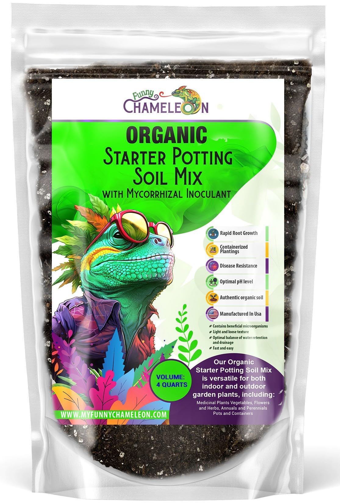 Funny Chameleon Organic Starter Potting Soil Mix with Mycorrhizal Inoculant for Fast Germination, Vigorous Seedlings, Strong Root Systems, Ideal pH, Disease Resistance (4 QUARTS)