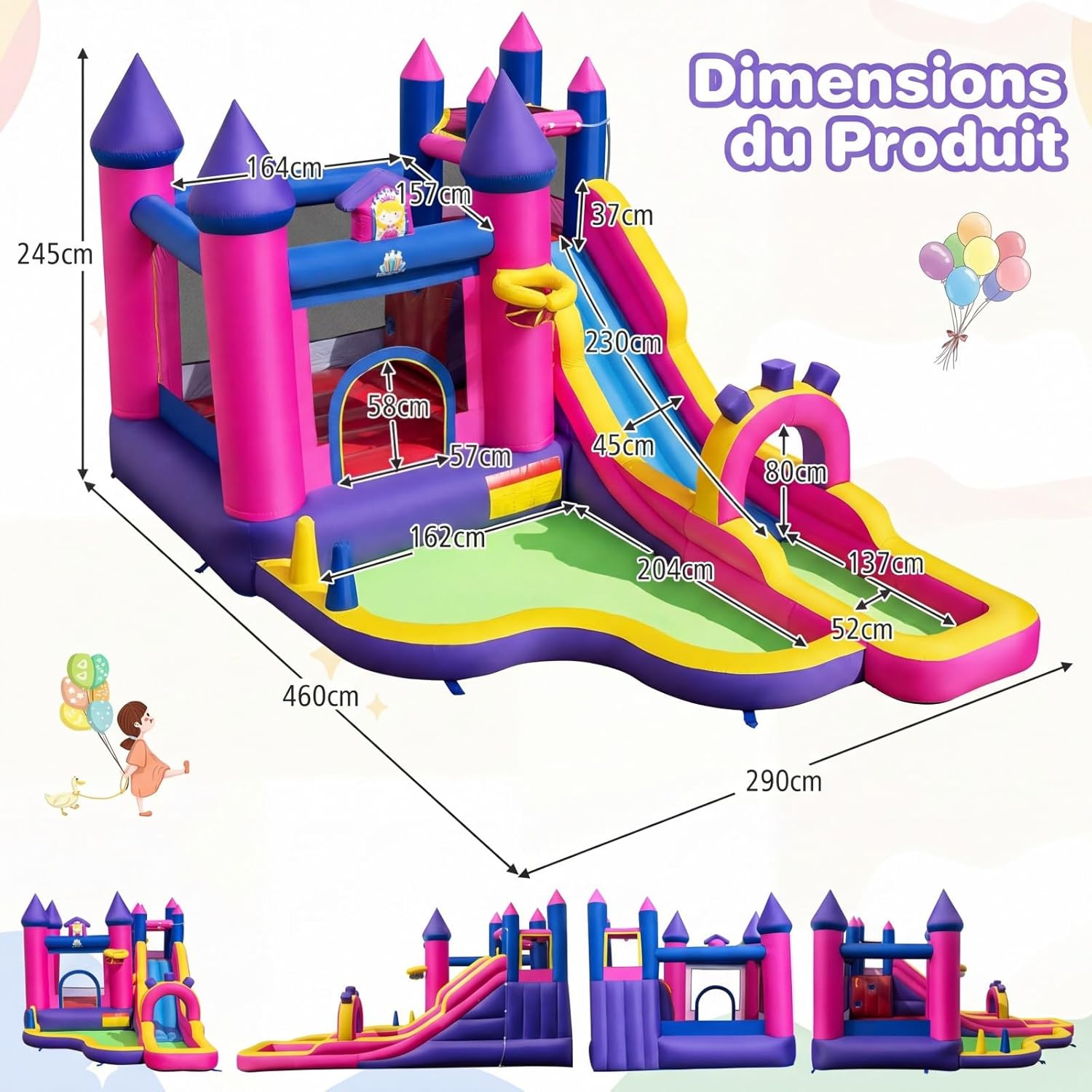 COSTWAY Princess Themed Inflatable Castle with Slide and Jumping House, Inflatable Playground with Climbing Wall and 2 Pools, Basketball Basket, Indoor Outdoor for 3-12 Years