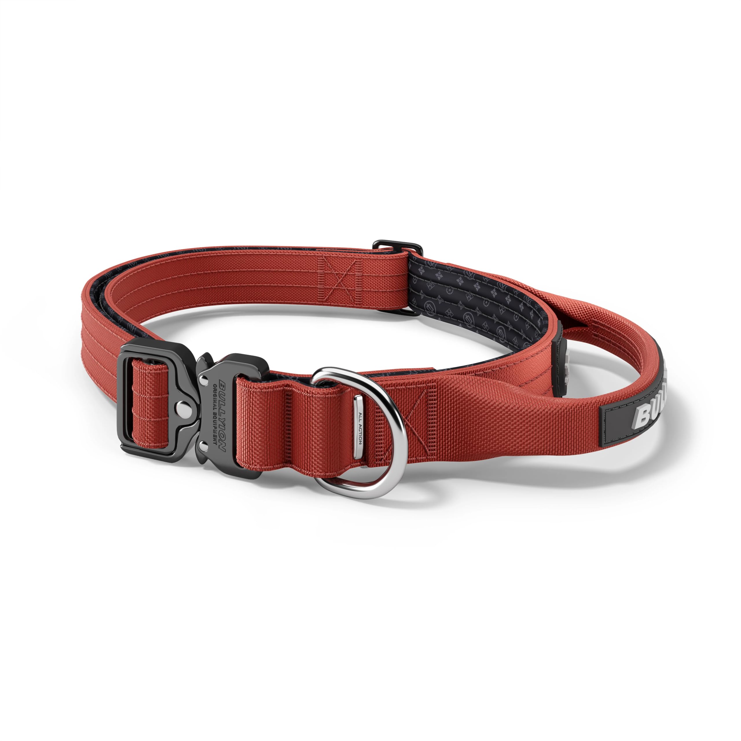 Bullyion ® Original Equipment Tactical Dog Collar with Handle, Heavy-Duty Adjustable Collar - Metal Buckle with D-Ring, Padded Lining, Nylon Dog Collar for Dogs & Puppies - 2.5 Cm - Tudor Red