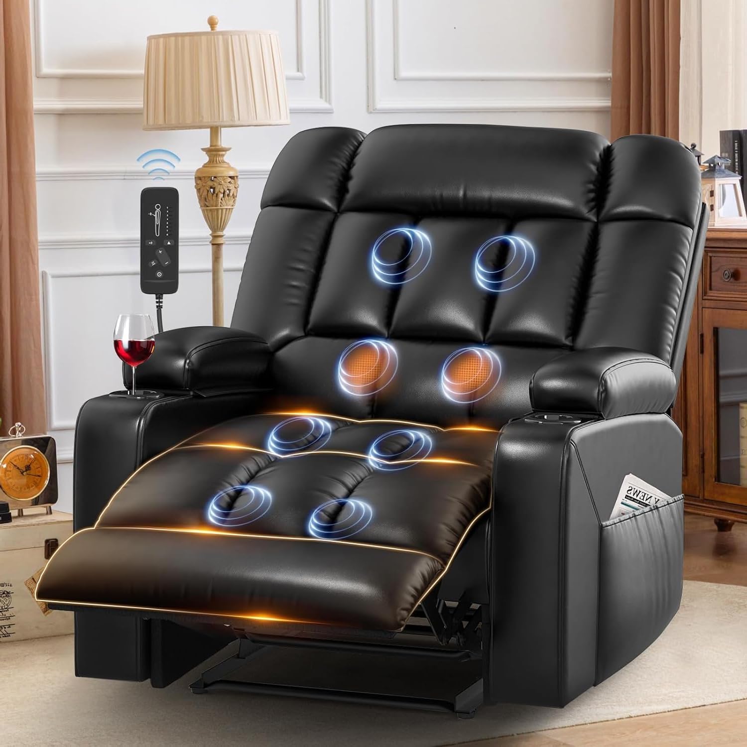Oversized Recliner Chair with Massage & Heat, Extra Wide Seat Reclining Chair with Storage Side Pockets & Cup Holders, Clearance Big Man Recliners, Comfortable Manual Faux Leather King Chairs