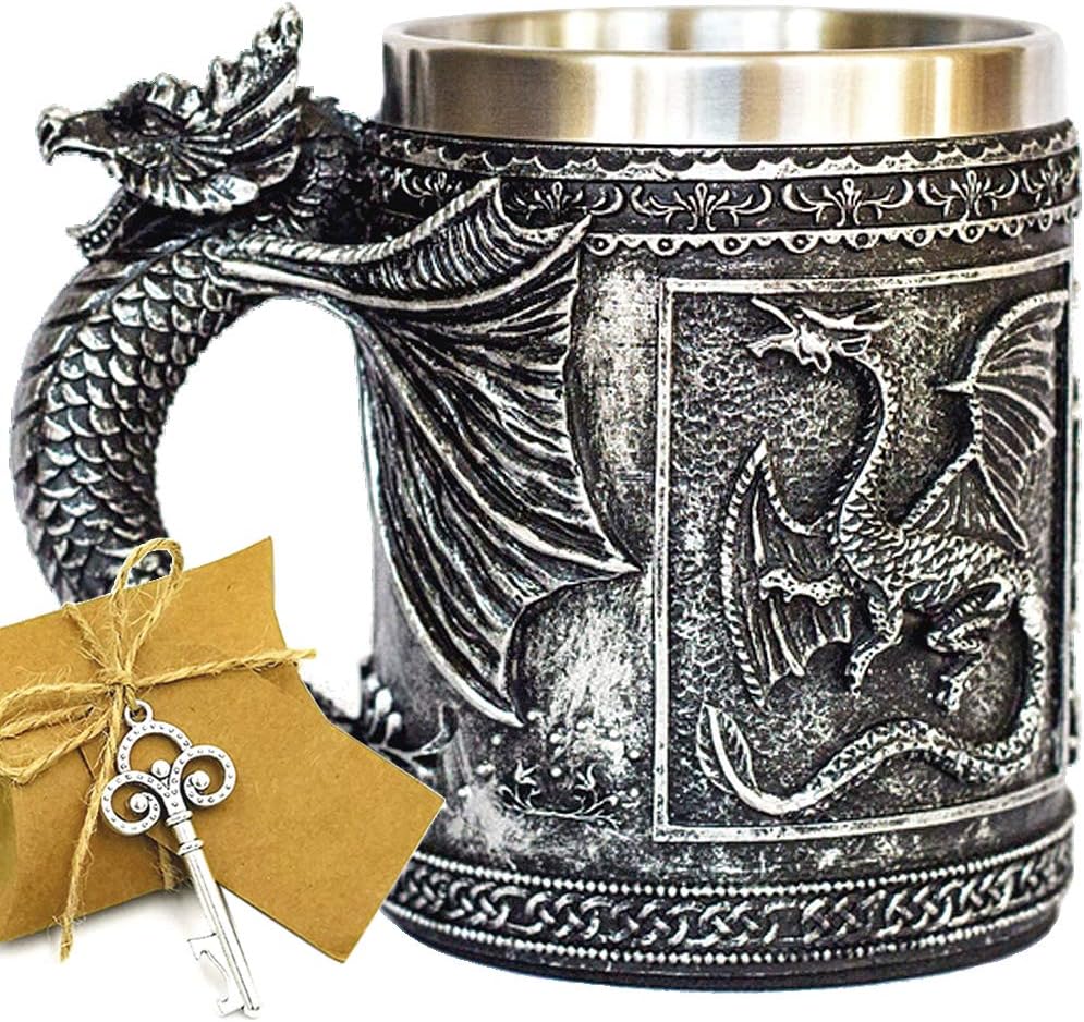 LitLife Medieval GOT Dragon D&D Game Mug of Thrones Merchandise Beer Steins Viking Tankard Mug Stainless Coffee Cup Gift Mug for Dragon Collector, Themed Party Decoration