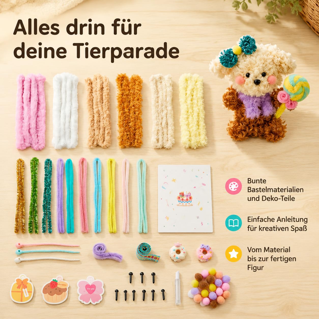 Yunmeryker Pfeifenreiniger Bastelset Tiere mit 8 Teilen, Kreativset mit Wackelaugen und Pompons, Pfeifenputzer zum Basteln ab 5 Jahren, Empfehlung: Mehrere Boxen, um
