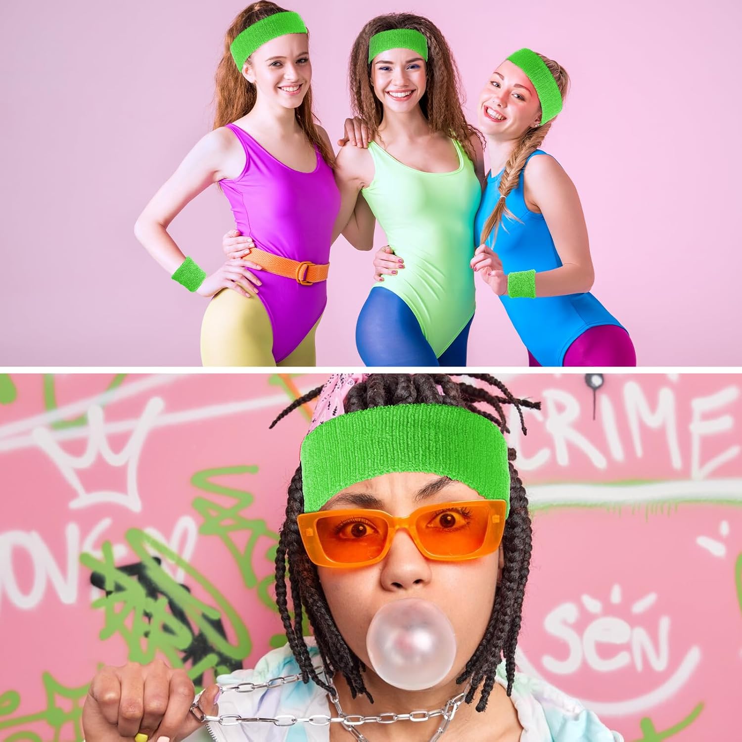 3 Pcs 80s Sports Wristband and Headband Neon Sweatbands Set Neon Outfits for Women Costumes Accessories Sweat Band for Party Football Basketball Baseball Soccer - Image 4