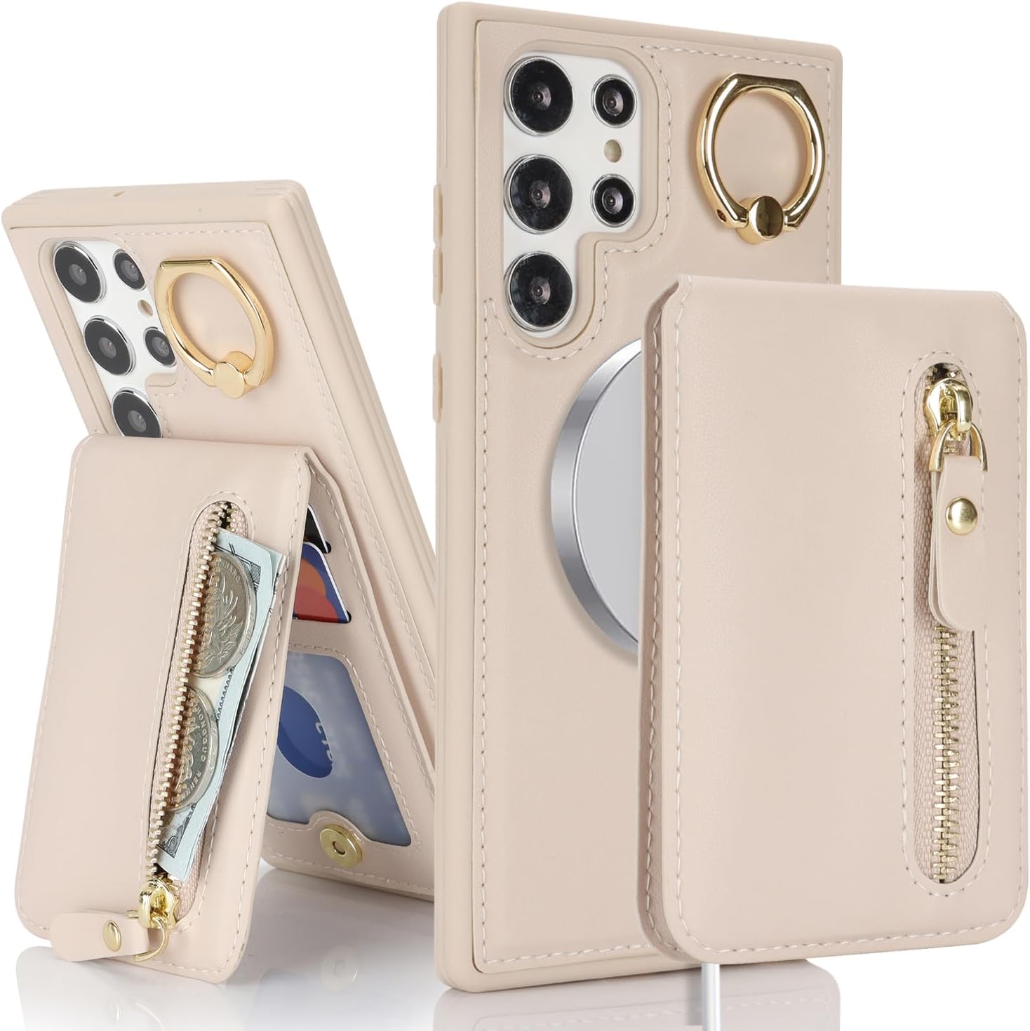 for Samsung Galaxy S22 Ultra Phone case with Card Holder with Compatible magsafe Magnetic, Key Chain PU Leather Flip Kickstand Detachable 2-in-1 Wallet case Women Men-Warm White