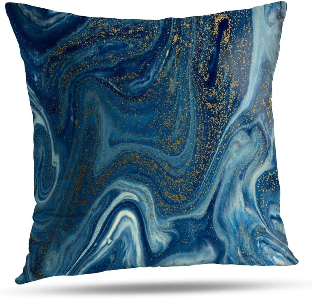 LshtarBlue and Gold Marble Throw Pillow Covers Ocean Art Natural Luxury Swirls Abstract Fluid Decoration Pillows Flow Marble Painting Throw Pillows for Home Bed Sofa Cushion 18x18 inch