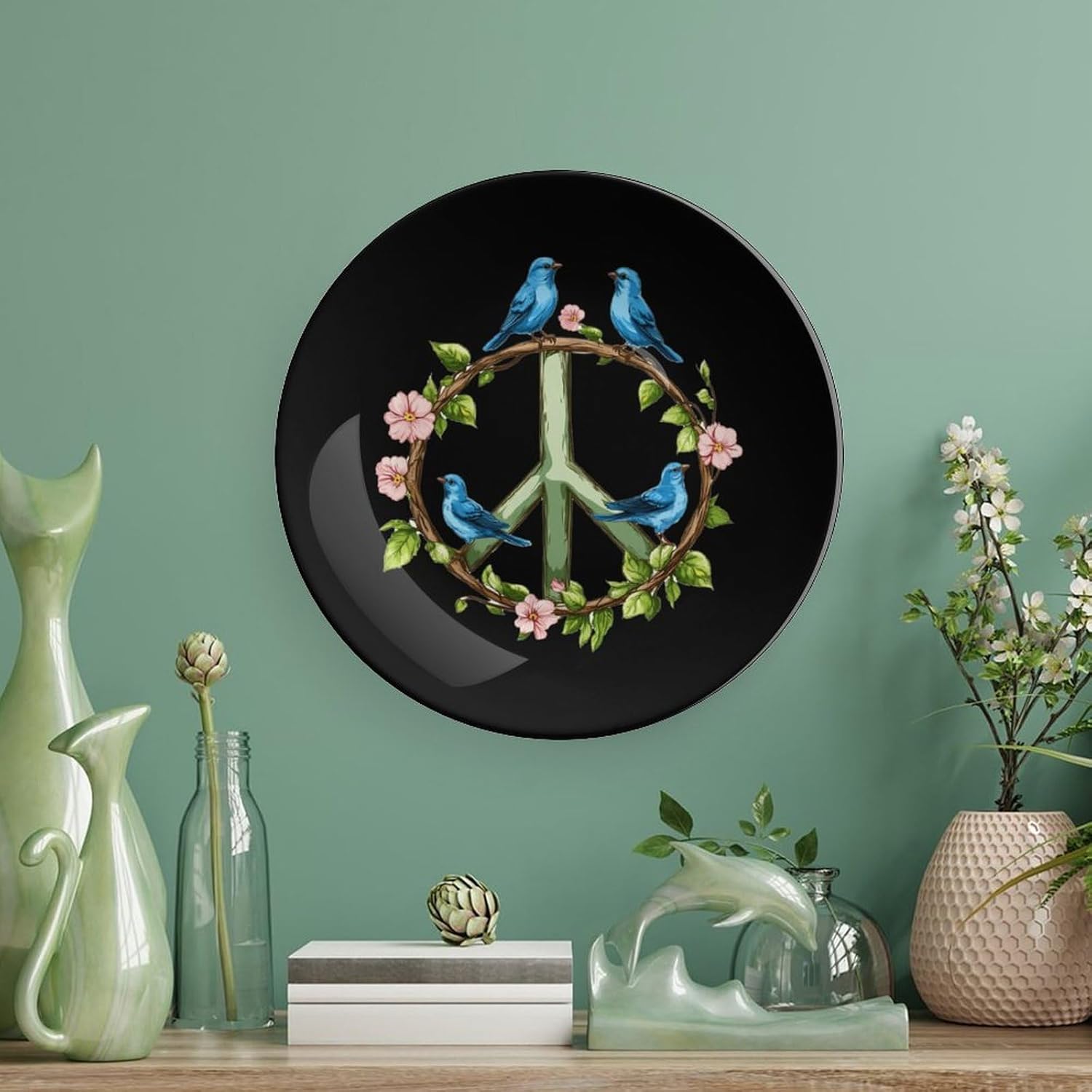Peace Sign Blue Birds Bone China Decorative Plate with Stand Home Dessert Plates Gift for Men Women 6inch