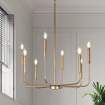 LALUZ Champagne Antique Gold Chandelier, 8-Light Modern Farmhouse Dining Room Chandelier Over Table, 27 Aged Brass Chandeliers Hanging Light Fixture for Dining Room, Living Room, Bedrooms, Foyer