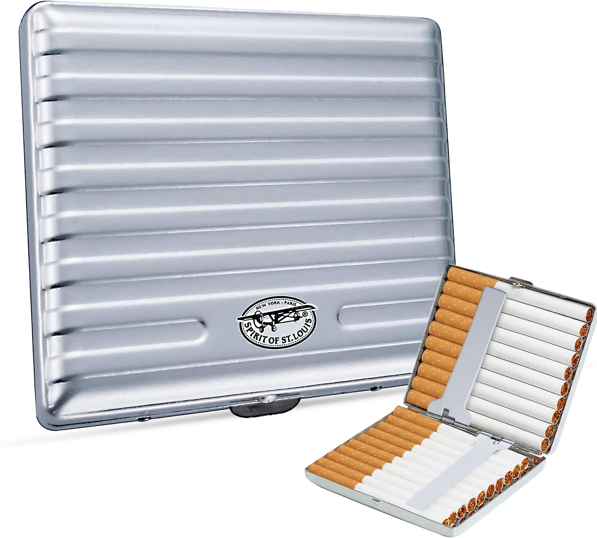 Cigarette Case Spirit of St. Louis – Gray Metal – Metal Case for 20 Cigarettes – Durable & Stylish Vintage Design – Long-Lasting – Perfect for Travel & Collectors