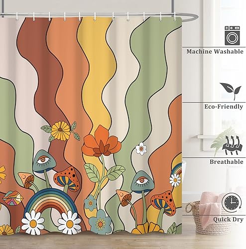 Miniatura 6 de Renaiss Juego de cortinas de ducha de 72 x 72 pulgadas, diseño de hongos bohemios, retro de los años 70, flores naranjas, flores, divertidos,