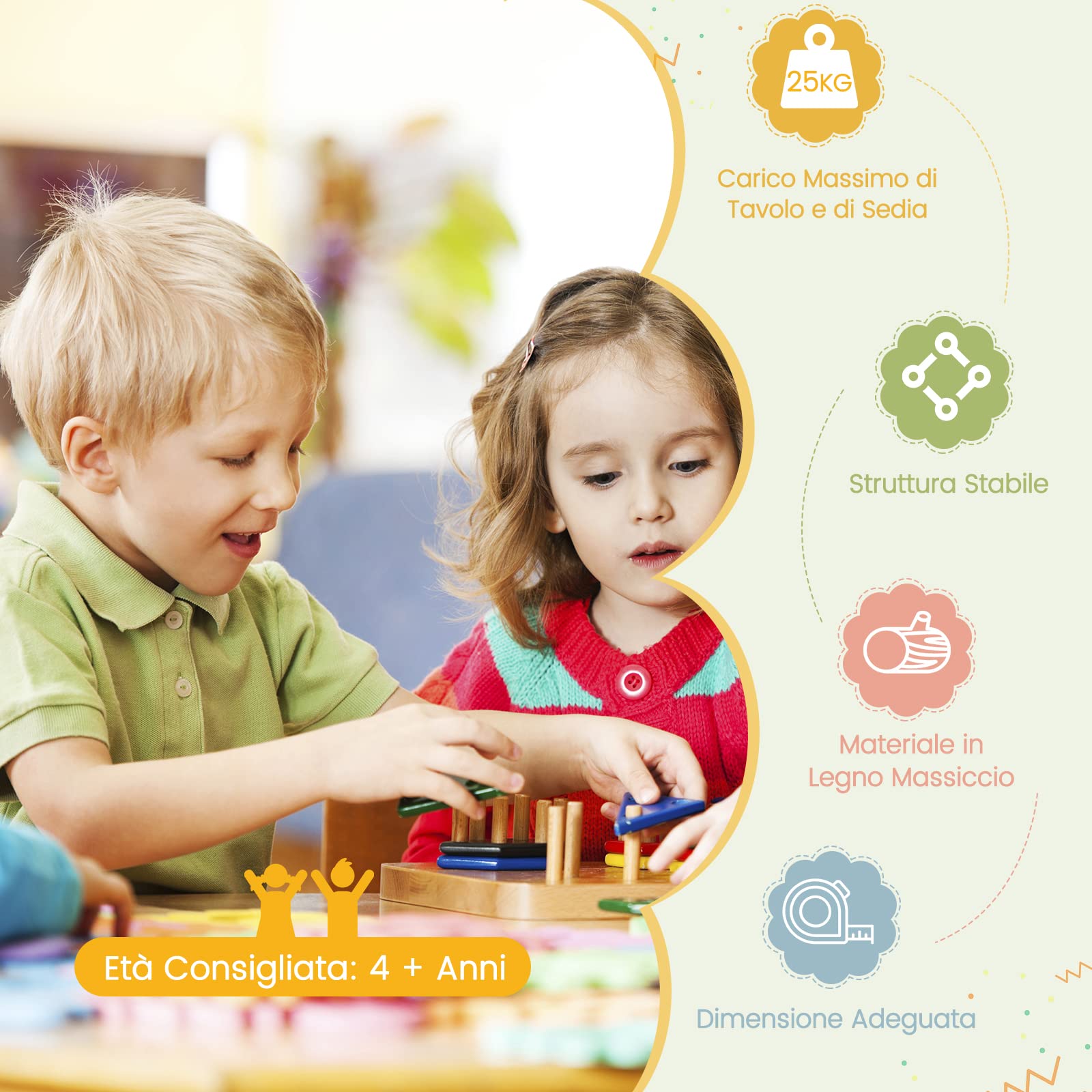 COSTWAY Set Tavolo e Sedie per Bambini, con Schienale Curvo in Legno, Tavolo Attività per Bambini con 4 Sedie, Capacità di Peso 25kg, 4+ Anni (naturale)