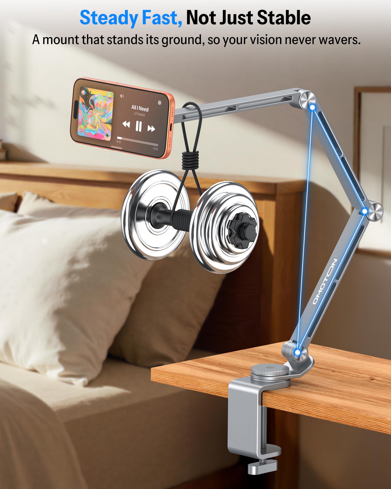 OMOTON Supporto per tablet regolabile per scrivania, supporto per tablet in lega di alluminio per iPad, supporto per telefono girevole a 360° con 2 morsetti, supporto per telefono per letto con