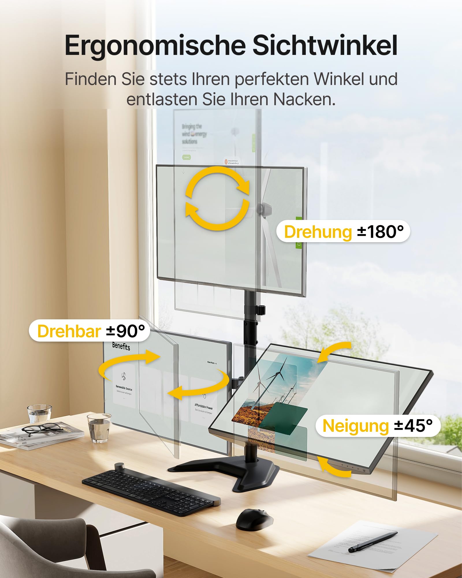 monTEK Soporte de monitor triple estable, soporte de escritorio totalmente ajustable para 3 pantallas de hasta 17 a 32 pulgadas cada una con capacidad de carga de 22 libras por brazo, base estable