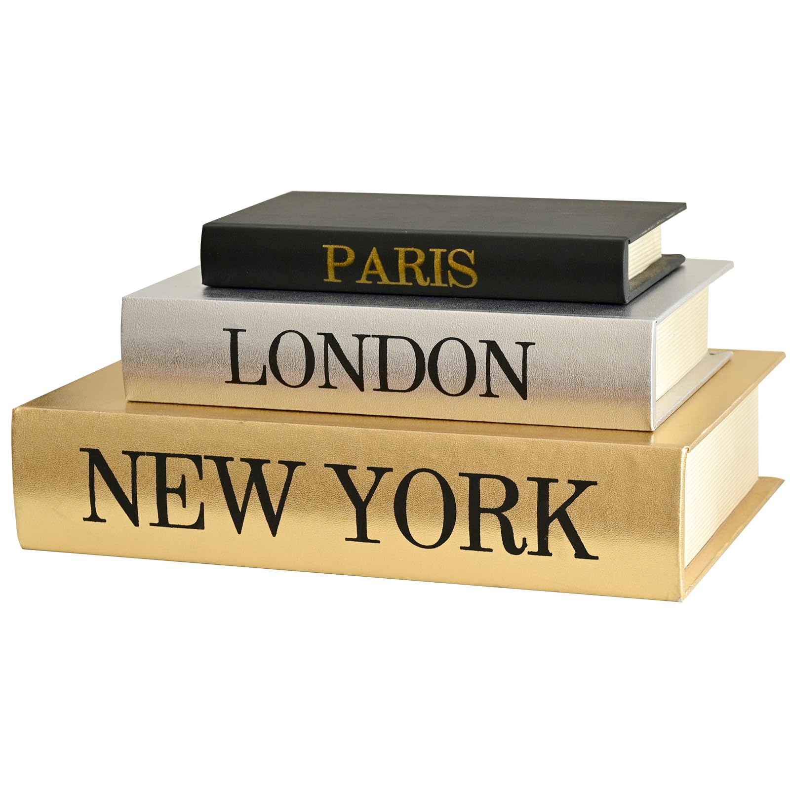 Decorative Book Storage Boxes Set of 3 - Hidden Compartment Faux Books with Gold Silver Black Metallic Finish, New York London Paris Theme for Home Decor Organization