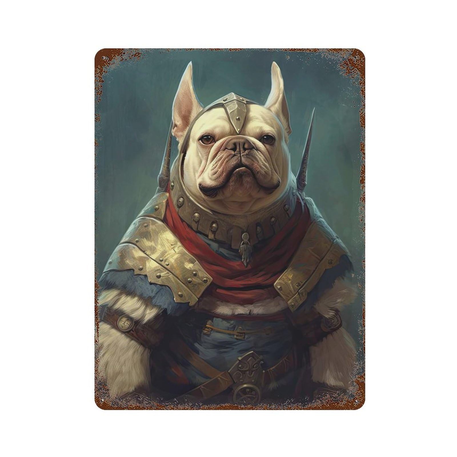 Rust Effect French Bulldog Viking Weathered Tin Sign 15.7"x11.8", Shabby Chic Decor for Cafe, Home Bar And Lounge Decor