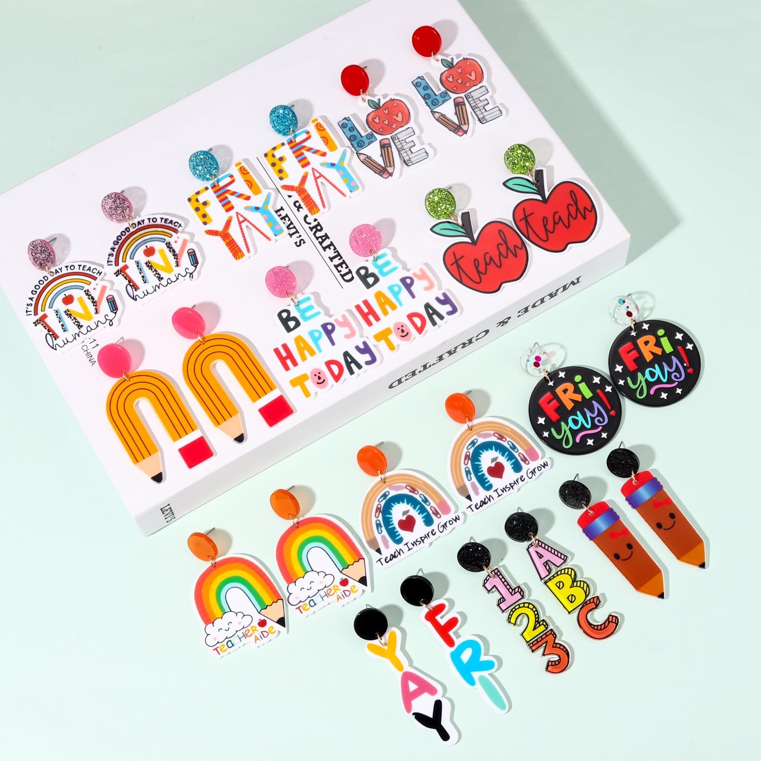 9/12 Pairs Teacher Earrings for Women, Acrylic Rainbow Pencil Fri-yay Earrings Cute Apple Earrings Back To School Jewelry Teacher Appreciation Gifts - Image 2
