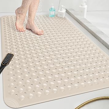 OTHWAY Extra Large Shower Mat 47"x 32", TPE Non Slip Shower Mat for Shower Stall, Inside Walk in Shower Mats with Drain Holes Suction Cups, Anti-Slip for Elderly Apricot