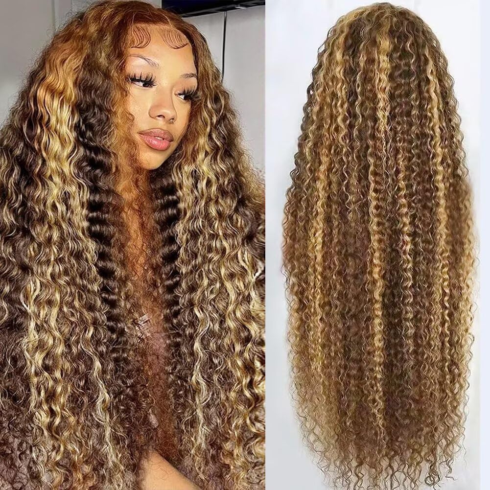 Highlight Deep Wave Lace Front Wigs Human Hair 34 Inch 13x6 HD Transparent Lace Front Wigs 200 Density 4/27 Glueless Ombre Honey Blonde Curly Wig for