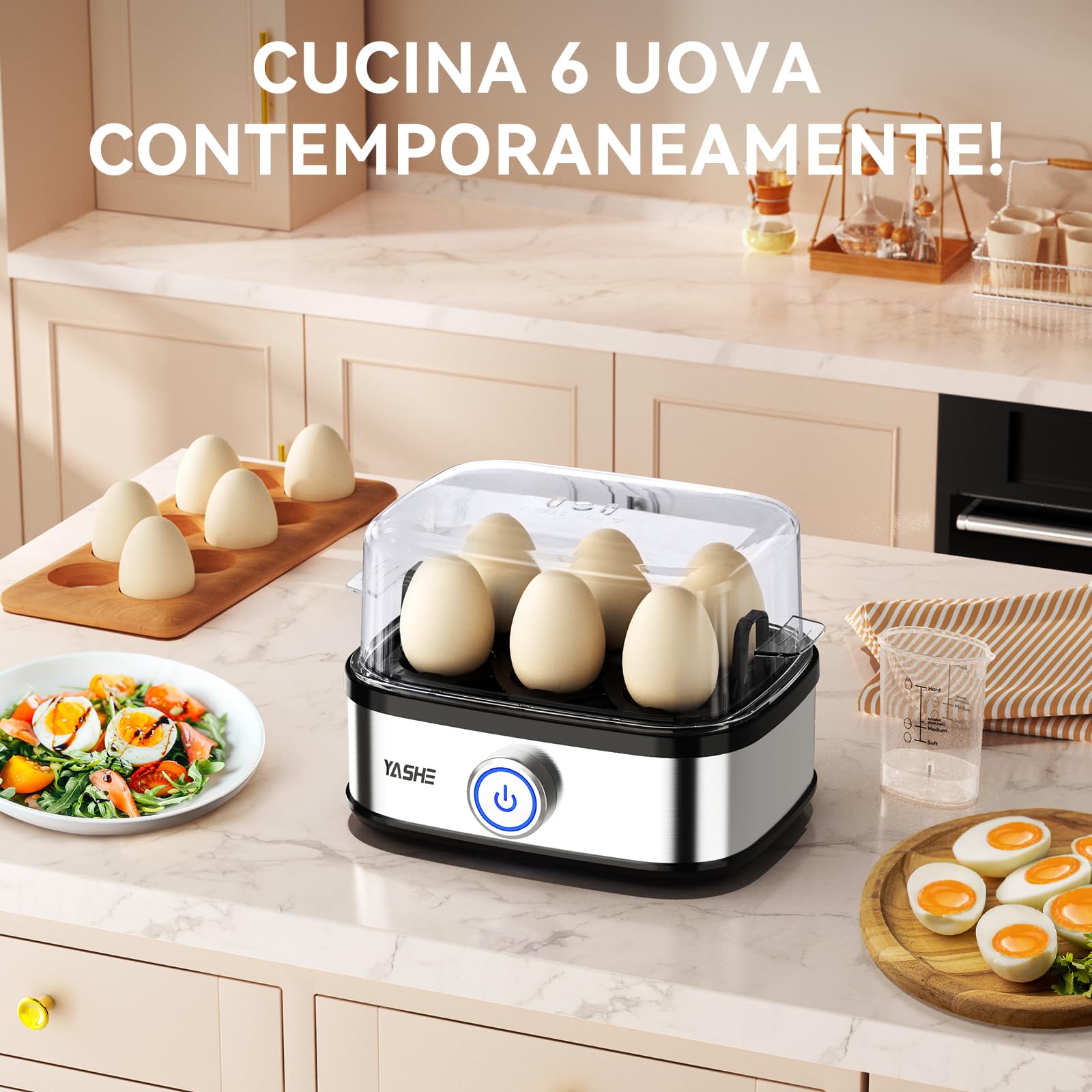 YASHE Cuociuova, 400W Cucitore di Uova Compatto Multifunzione, 6 uova facili da Sbucciare, Morbide, Medie, Dure, Poached, Omelet maker, Vaporiera, Segnale Acustico, Luce Indicatrice