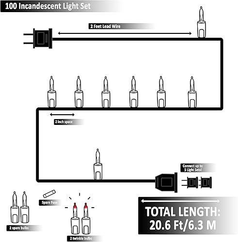 Miniatura 8 de Holiday Essence 100 luces de Navidad multicolor con cable blanco, grado profesional para uso en interiores y exteriores, estáticas + intermitentes,