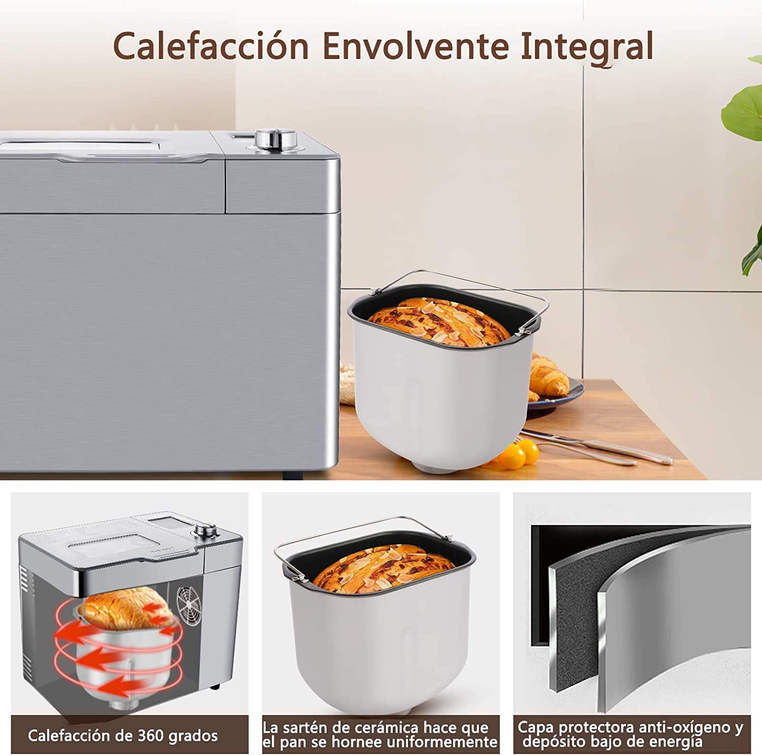 COOCHEER Brotbackautomat mit Kapazität bis zu 900 g, intelligente und automatische Programme, 3 Brotgrößen, 550 W, 36 x 22 x 30 cm, silber