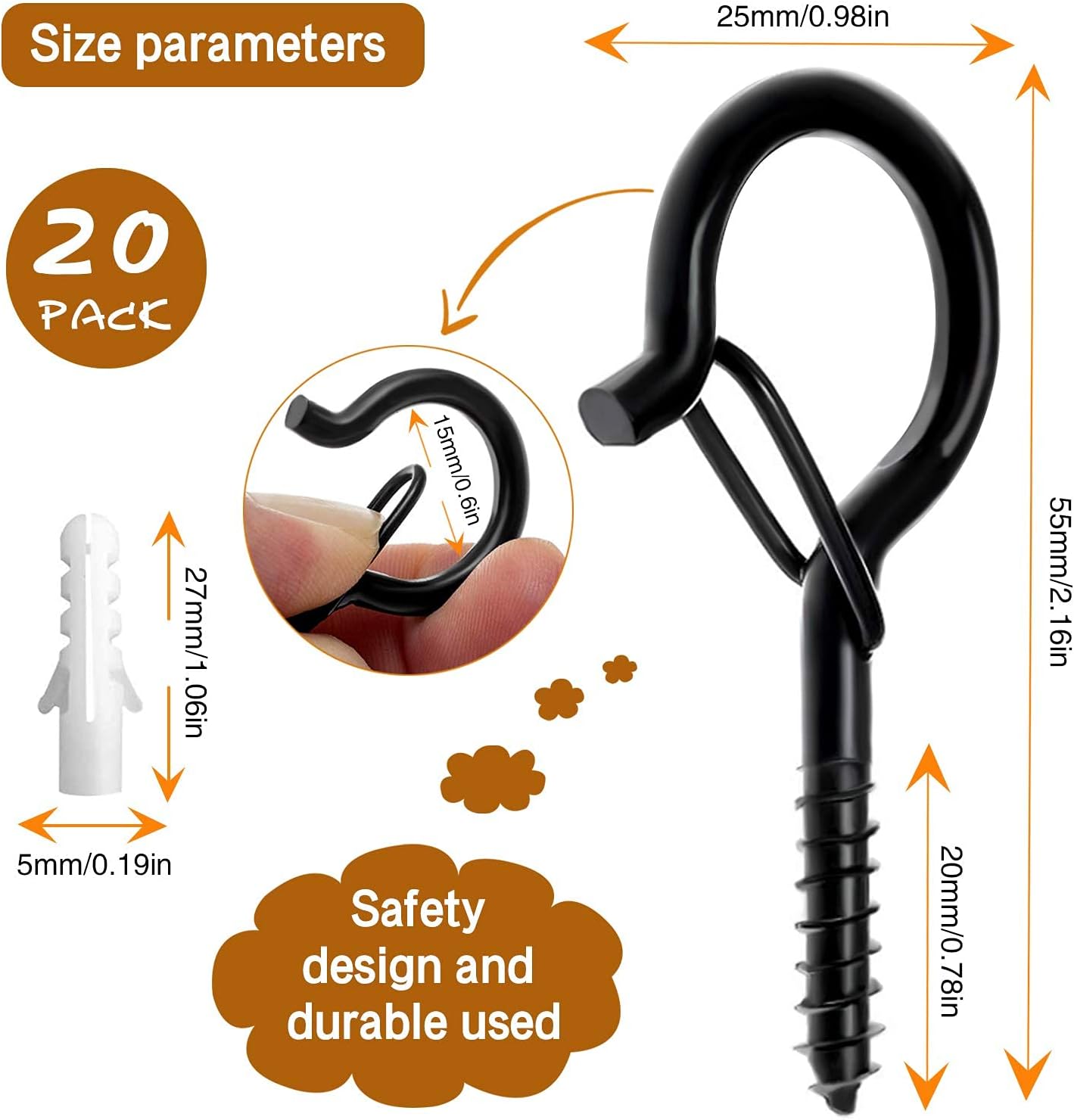 20 Pcs Q-Hanger Hooks Outdoor String Lights - Christmas Lights Hanger Hooks, Outdoor Wire and New Year Party, Fairy Lights Plants Wind Chimes Decoration Hanging Safety Buckle Design (Black)