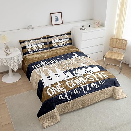 Miniatura 3 de Juego de edredón de camper tamaño Queen, ropa de cama de camping feliz decoración de caravana para interior de caravana, juegos de edredón de cama